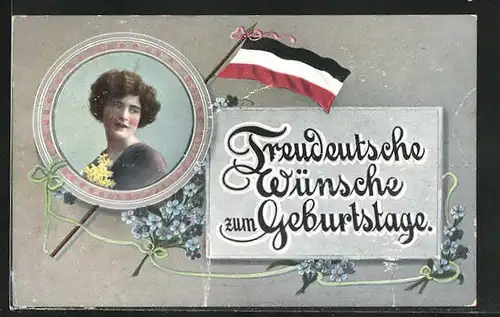 AK Junge Frau mit gelben Blumen, Kaiserreichsflagge, Vergissmeinnicht, Geburtstagsgrüsse