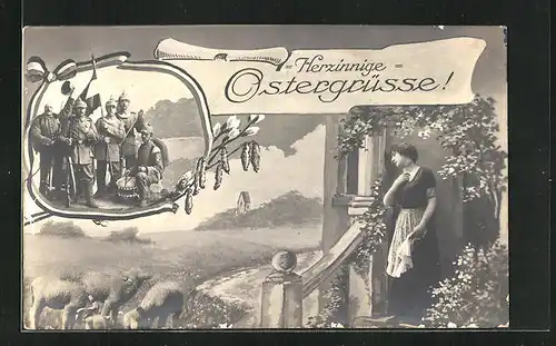 AK Osterlämmer auf der Weide, Frau in Gedanken bei ihrem Soldaten