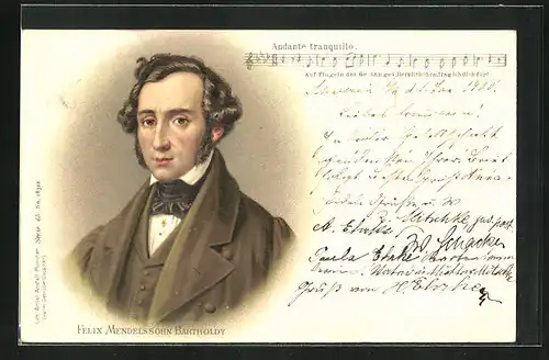 Lithographie Felix Mendelssohn-Bartholdy im Portrait, Liedzeile