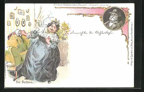 Lithographie Fritz Reuter Postkarten, Fru Pastern