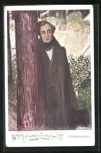 AK Felix Mendelssohn Bartholdy lehnt an einem Baum, Frühlingslied