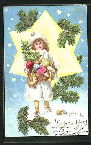 AK Weihnachtsgruss, Kind mit Geschenkkorb vor Stern