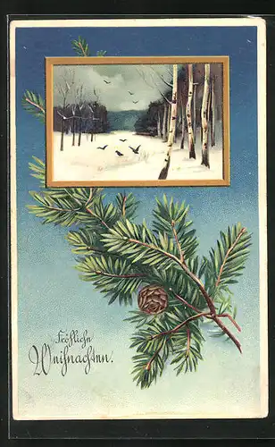 Präge-AK Weihnachtsgruss, Raben auf der Futtersuche im verschneiten Wald, Tannenzweig