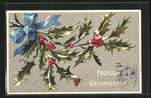 Präge-AK Weihnachtsgruss, Mistelzweig mit blauer Schleife