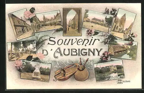 Lithographie Aubigny-sur-Nère, La Bords de la Nèro, Jardin public