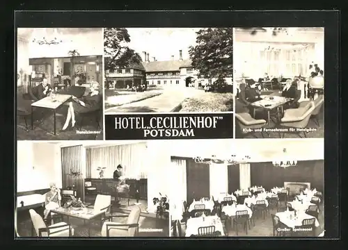 AK Potsdam, Hotel Cecilienhof, Ansicht eines Hotelzimmers, Klub- und Fernsehraum für Gäste, Speisesaal