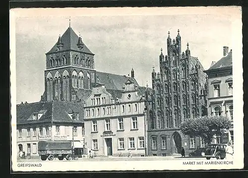 AK Greifswald, Markt mit Marienkirche