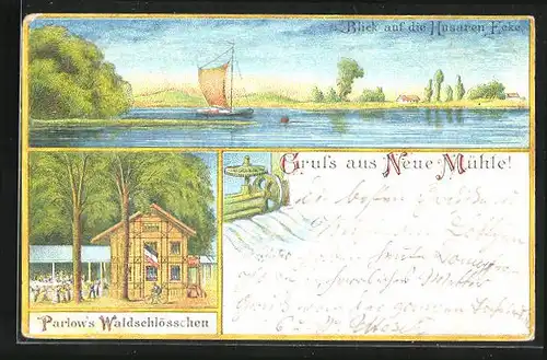 Lithographie Neue Mühle, Gasthaus Parlows Waldschlösschen, Husaren Ecke