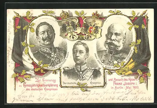 Lithographie Konterfei Kaiser Franz Josef I. von Österreich, Wilhelm II. Deutscher Kaiser, Zweibund