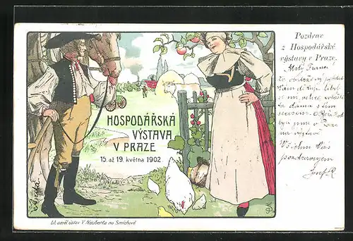 Lithographie Praha, Hospodarska Vystava 1902, Bauern in Tracht
