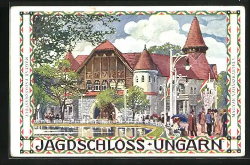 Künstler-AK H. Kalmsteiner: Wien, 1. Internationale Jagd-Ausstellung 1910, Jagdschloss Ungarn