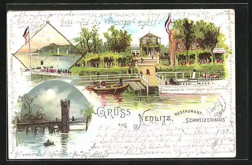 Lithographie Nedlitz, Restaurant Schweizerhaus, Uferpartie mit Dampfer, Brücke mit Boot bei Mondschein