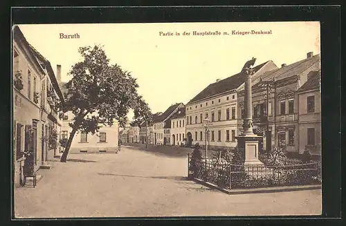 AK Baruth, Hauptstrasse mit Krieger-Denkmal