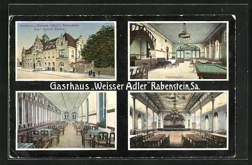 AK Rabenstein /Sa., Gasthaus Weisser Adler, Innenansichten Gastzimmer & Konzert- u. Ballsaal