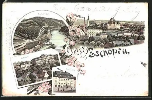 Lithographie Zschopau, Am Bahnhof, Rathaus, Seminar