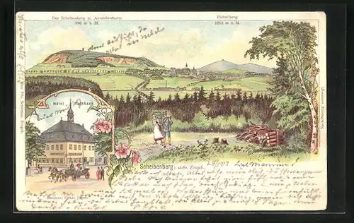 Lithographie Scheibenberg i. sächs. Erzgeb., Hôtel Rathaus, Teilansicht und Scheibenberg m. Aussichtsturm & Fichtelberg