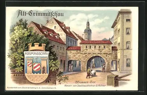 Lithographie Crimmitschau, Festpostkarte Stadtrechtsfeier Crimmitschau 1414-1914, Wasser-Tor, Wappen