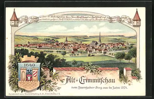 Künstler-AK Crimmitschau, Teilansicht vom Lauenhainer Berg aus im Jahre 1724, Wappen