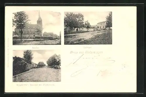AK Stolzenhagen, Seegebarth`s Gasthof mit Dorfstrasse, Kirche, Lehngut