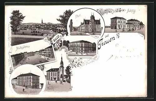 Lithographie Treuen i. V., Hotel Deutsches Haus, Bahnhof, Marktplatz, Post, Kirche