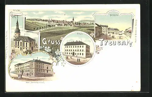 Lithographie Treuen i. V., Hotel Deutsches Haus, Schule, Marktplatz