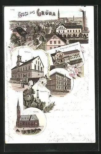 Lithographie Grüna, Rathaus, Stahringer`s Naturheilanstalt, Schule
