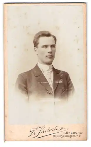 Fotografie Fr. Sartorti, Lüneburg, Untere Schrangenstr. 5, Portrait junger Herr im Anzug mit Krawatte