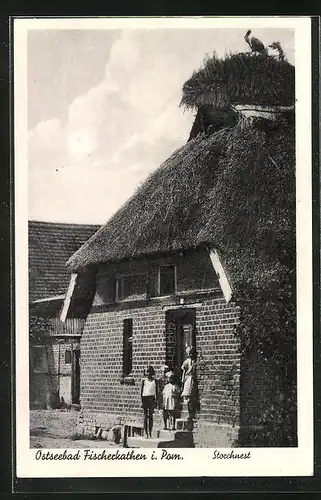 AK Fischerkathen, Storchennest auf einem Backsteinhaus mit Reetdach