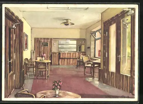 Künstler-AK Bad Polzin, Sanatorium Deutscher Osten, Empfangsdiele