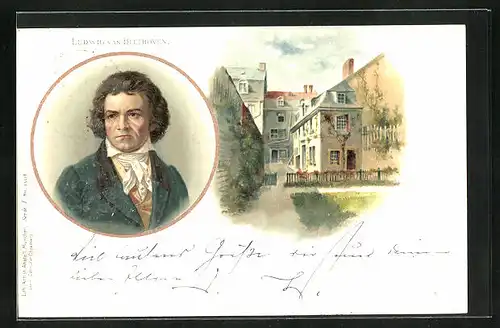 Lithographie Komponist Ludwig van Beethoven, Strassenpartie mit Wohnhaus