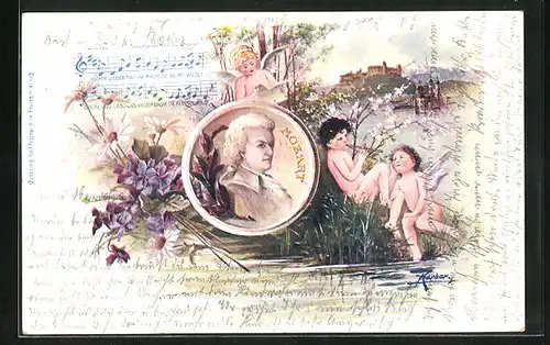 Lithographie Komponist Mozart, Engel musizieren am Fluss