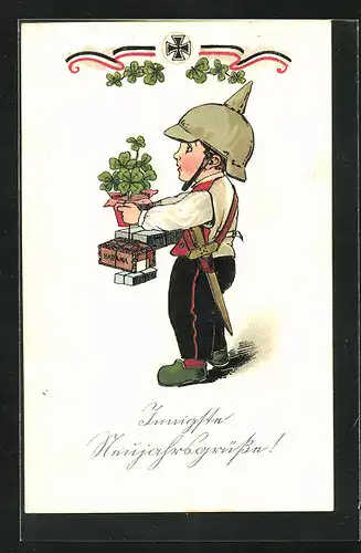 Präge-AK Kleiner Soldat mit Pickelhaube und Kleeblättern, Neujahrsgruss, Kinder Kriegspropaganda
