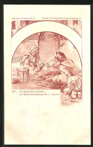 Künstler-AK Karl May Postkarte No. 2, Zwei Männer mit Turban öffnen Korkenflasche