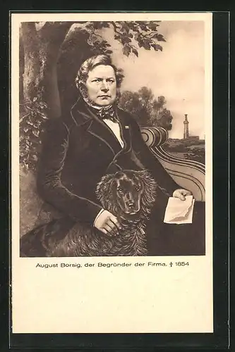 Künstler-AK August Borsig im Anzug und Fliege mit Hund