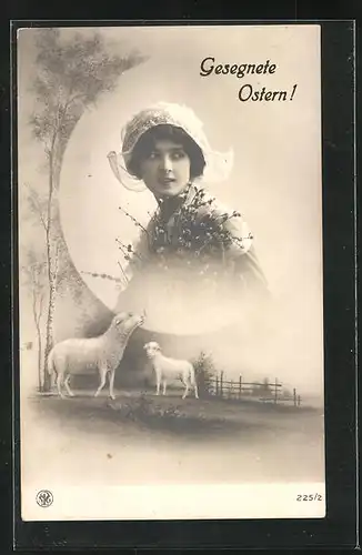 AK Junge Frau mit Haube und Zweigen, Lämmer auf einer Wiese, Ostergruss