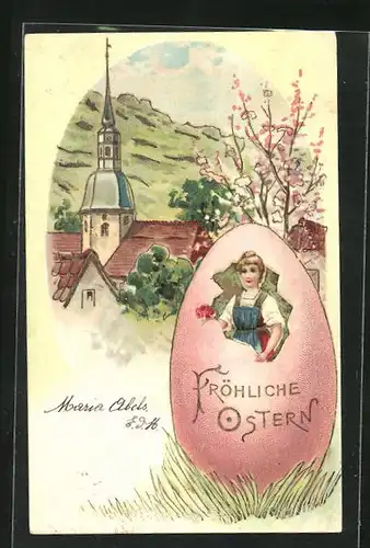 Präge-AK Kirche und blühender Baum, Frau im Osterei, Ostergruss