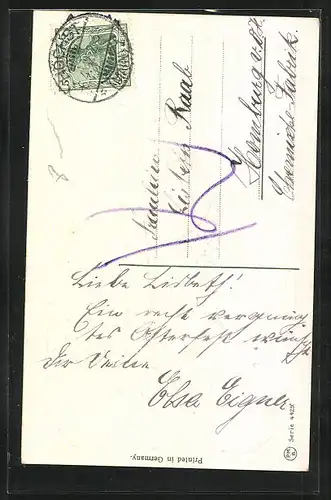 Präge-AK Junge Frau mit Blumenkorb am Baum, Ostergruss