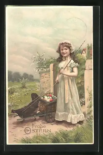 AK Junge Frau mit Hühnergespann, Ostergruss