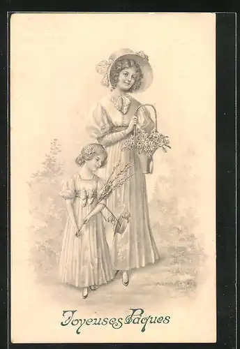 AK Fräulein mit Blumenkorb und Mädchen, Ostergruss