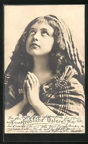 AK Betende junge Frau mit Kopftuch, Ostergruss