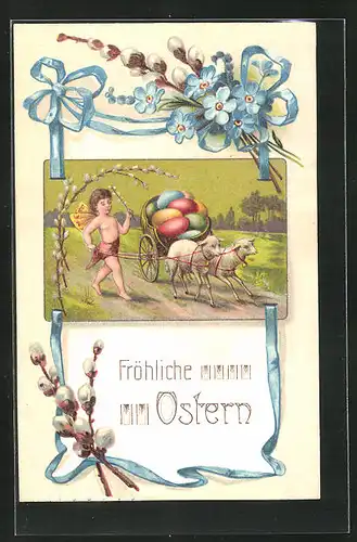 Präge-AK Elf mit Lämmergespann, Kätzchenzweig, Ostergruss