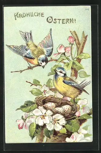 Präge-AK Vögel am Nest mit Eiern und Blumen, Ostergruss