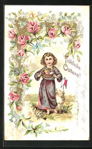 Präge-AK Junge Frau mit Osterkorb und Lämmlein, Ostergruss