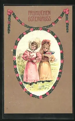 Präge-AK Zwei junge Damen mit Blumenstrauss und Kuvert, Ostergruss