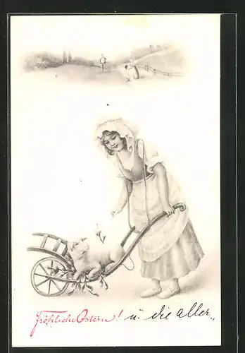 AK Junge Frau mit Lamm auf einem Karren, Ostergruss