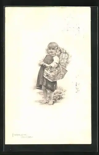 Präge-AK Mädchen mit Hühnern im Korb, Ostergruss