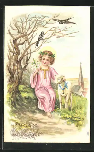 Präge-AK Jesuskind mit Lamm, Im Hintergrund Kirche, Ostergruss