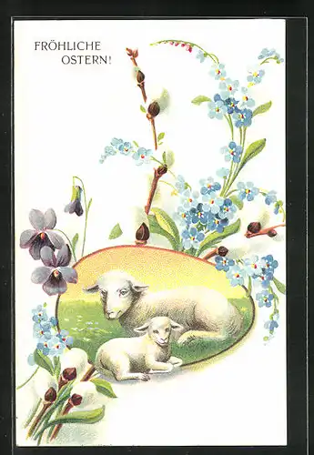 Präge-AK Lamm und Lammkitz auf einer Wiese, Kätzchenzweig und Blumen, Ostergruss