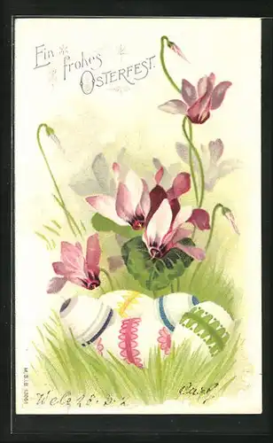 AK Frohes Osterfest, Ostereier und Alpenveilchen