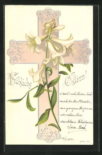 Präge-AK Fröhliche Ostern, Weisse Lilie vor einem Kruzifix